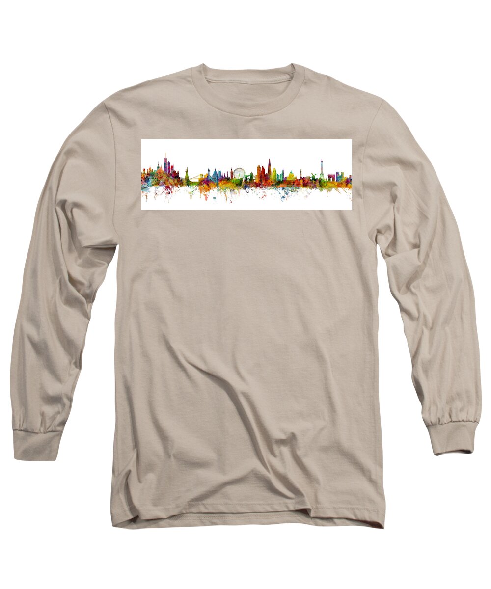 Paris Long Sleeve T-Shirt featuring the digital art New York, London, Paris Skyline Mashup by Michael Tompsett