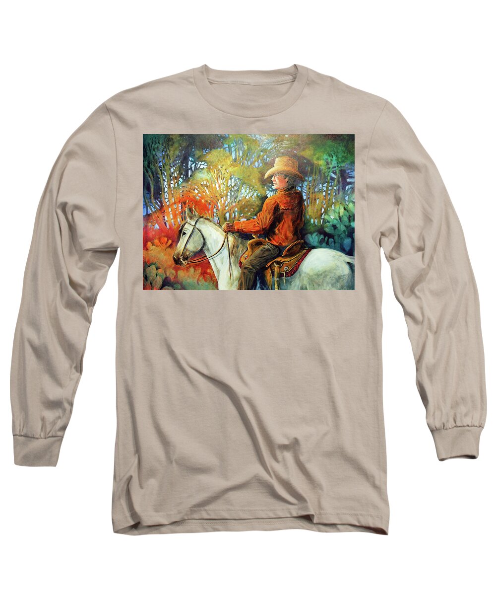 Cowboy Long Sleeve T-Shirt featuring the painting Night When the Shadows Speak by Cynthia Westbrook