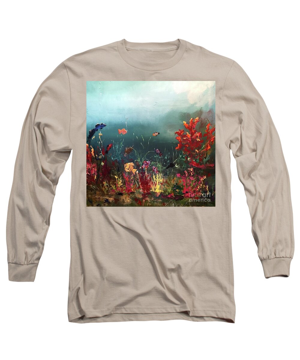 Ocean Beauty Life Under The Sea Fish Salt Water Weeds Colors Blue Fish Tank Wave Red Deep Painting Acrylic On Canvas Print Seascape Happy Long Sleeve T-Shirt featuring the painting Ocean Beauty by Miroslaw Chelchowski