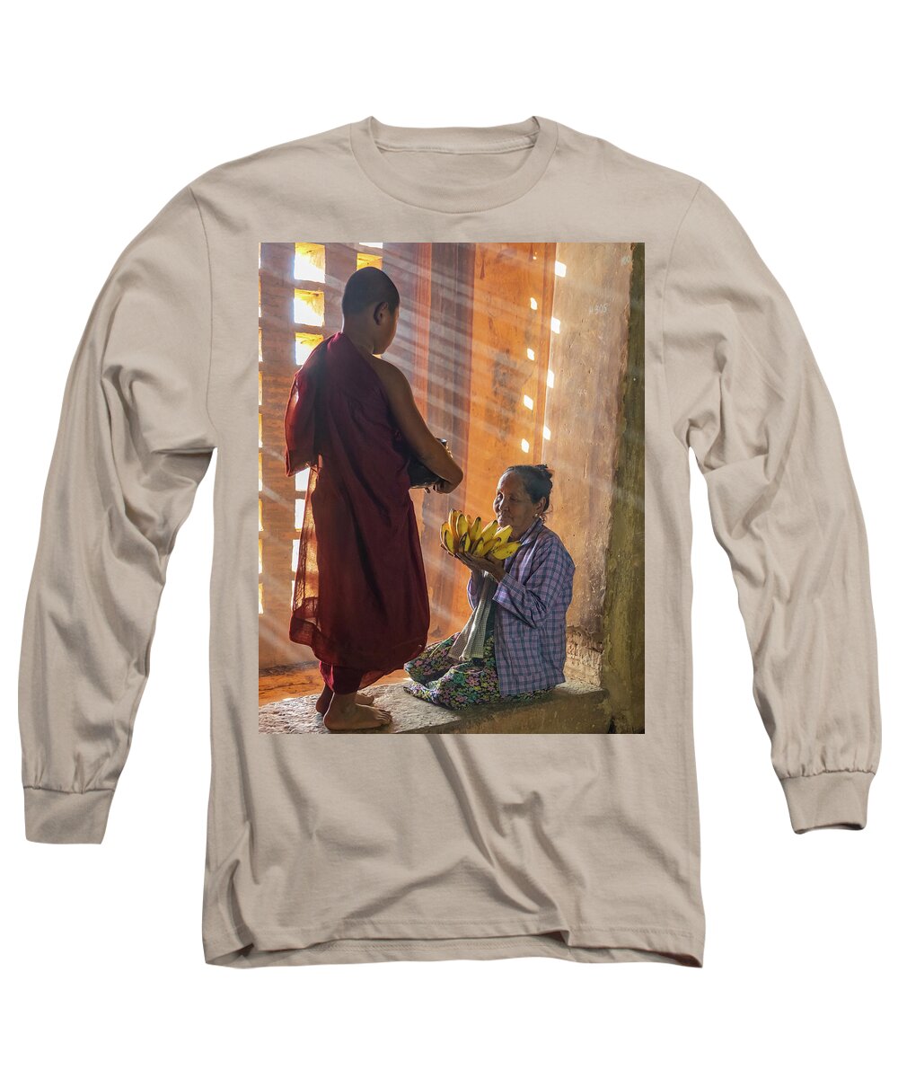Boy Long Sleeve T-Shirt featuring the photograph offering to young Buddhist monk by Ann Moore