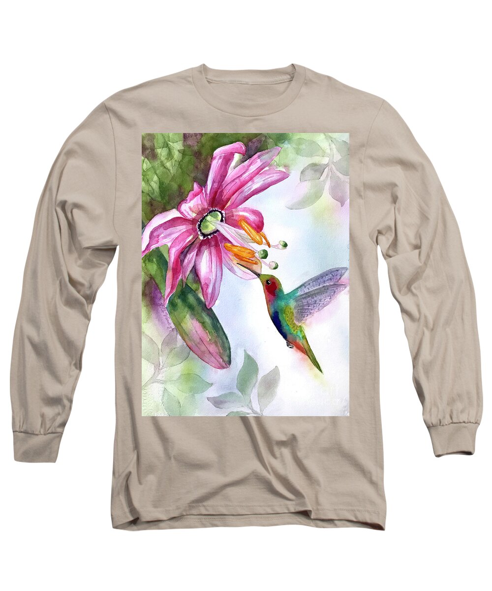 Pink Long Sleeve T-Shirt featuring the painting Pink Flower for Hummingbird by Hilda Vandergriff