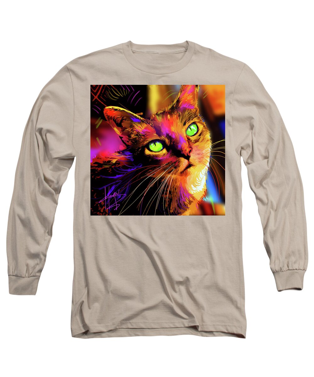 Larry Carlton Long Sleeve T-Shirt featuring the painting pOpCat Larry Carlton by DC Langer