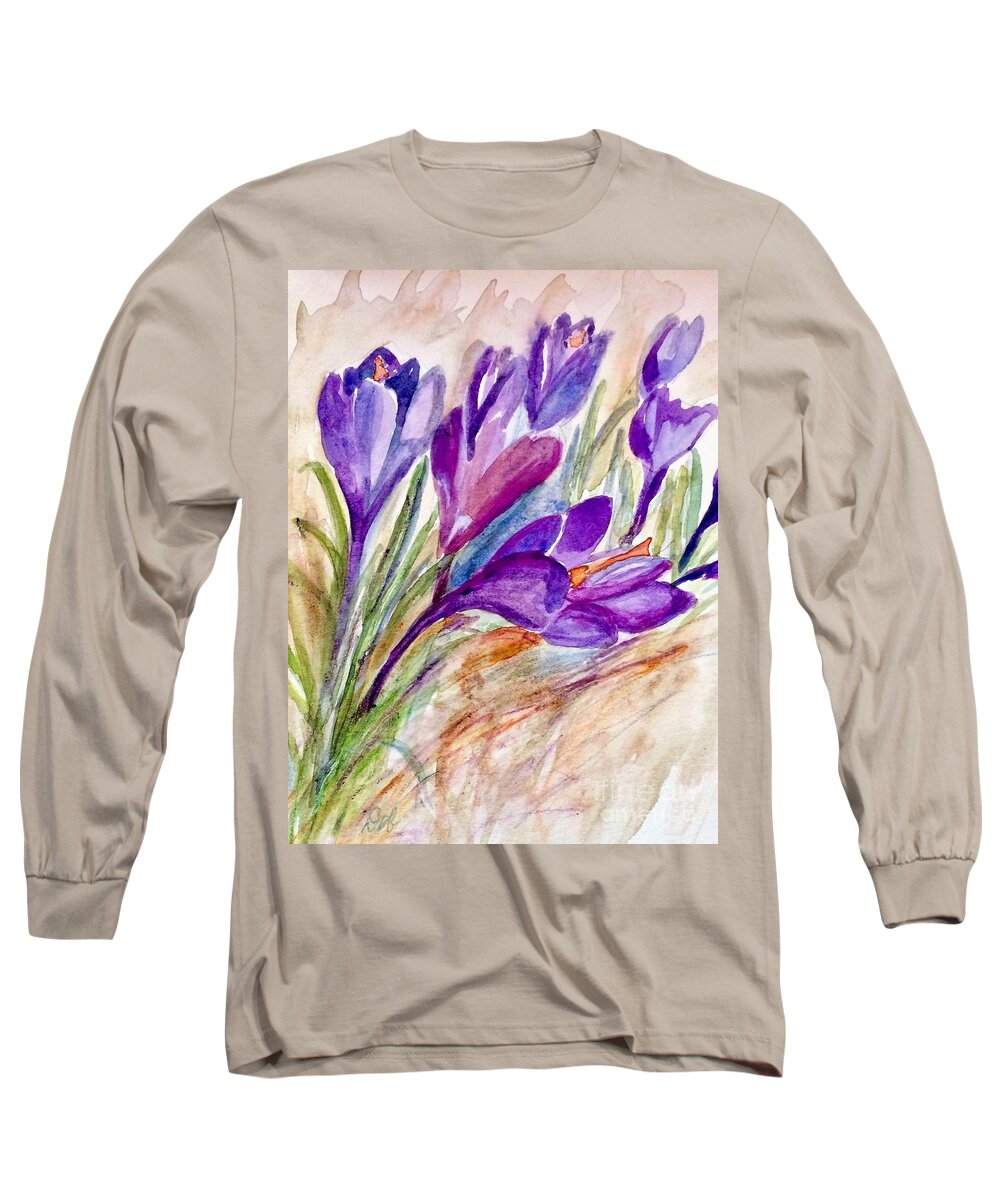 Watercolor Long Sleeve T-Shirt featuring the painting Purple Crocus by Deb Stroh-Larson