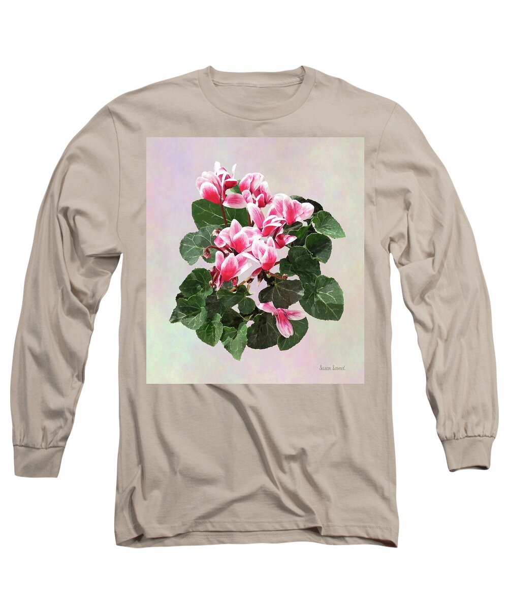 Flower Long Sleeve T-Shirt featuring the photograph Red and White Cyclamen by Susan Savad