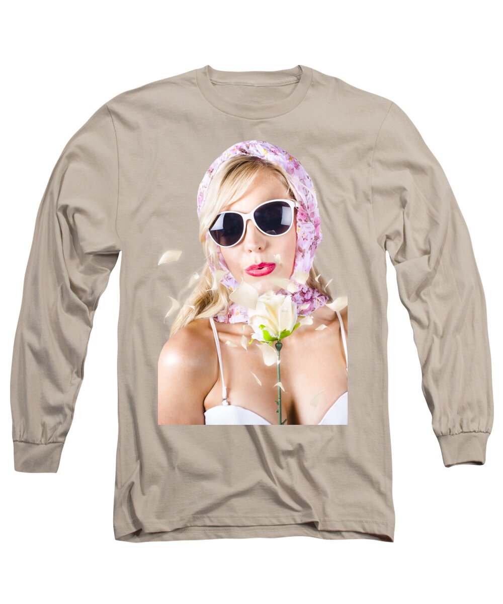 Kiss Long Sleeve T-Shirt featuring the photograph Romantic woman with flower by Jorgo Photography