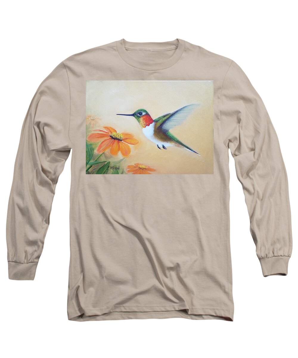 Rufous Hummingbird Long Sleeve T-Shirt featuring the painting Rufous in Marigolds by Mishel Vanderten