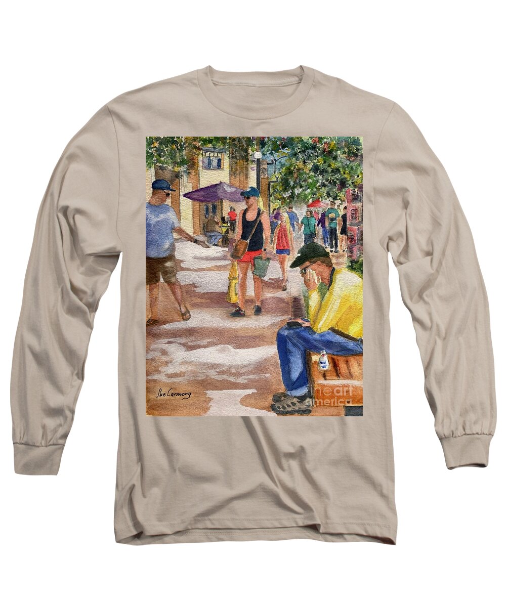 Shopping Long Sleeve T-Shirt featuring the painting Shopping on Pearl St Mall by Sue Carmony