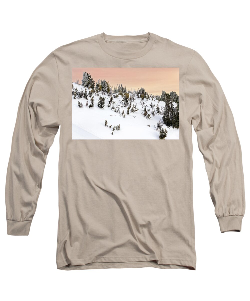 Snow; Snowy Mountain; Steep Long Sleeve T-Shirt featuring the photograph Snowy Winter Mountain Hillside Landscape Ice Snow On Conifer Trees Colorful Sky by Robert C Paulson Jr