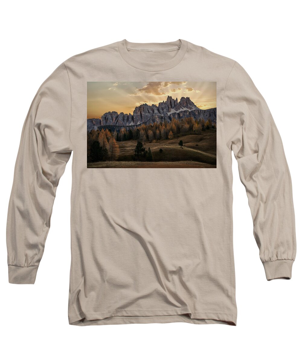  Dolomites Long Sleeve T-Shirt featuring the photograph Sunrise in the Dolomites by Jon Glaser