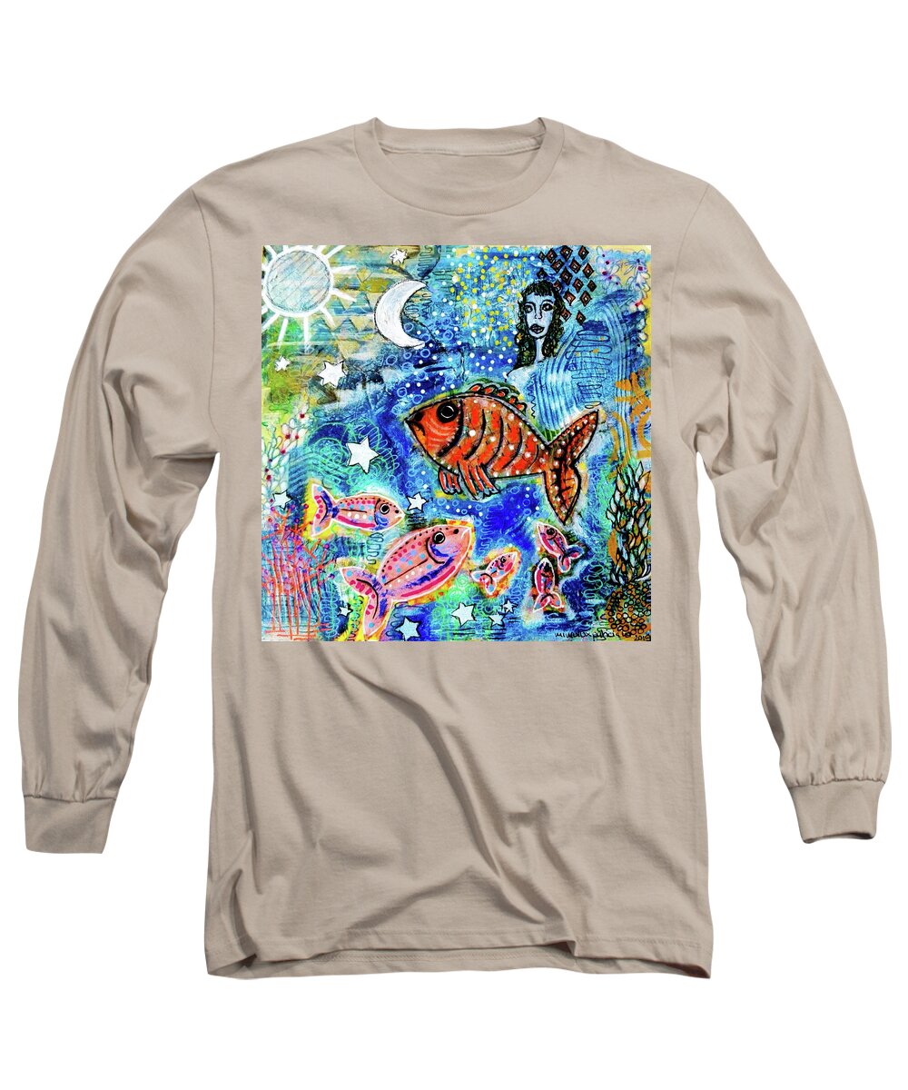 Star Long Sleeve T-Shirt featuring the mixed media The Day the Stars fell into the Ocean by Mimulux Patricia No