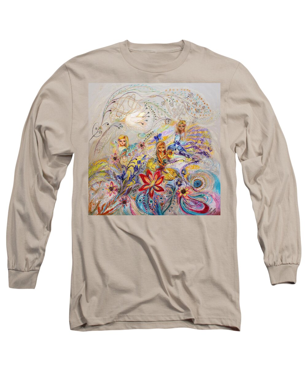 Fantasy Long Sleeve T-Shirt featuring the painting Three fairies in garden of dream by Elena Kotliarker