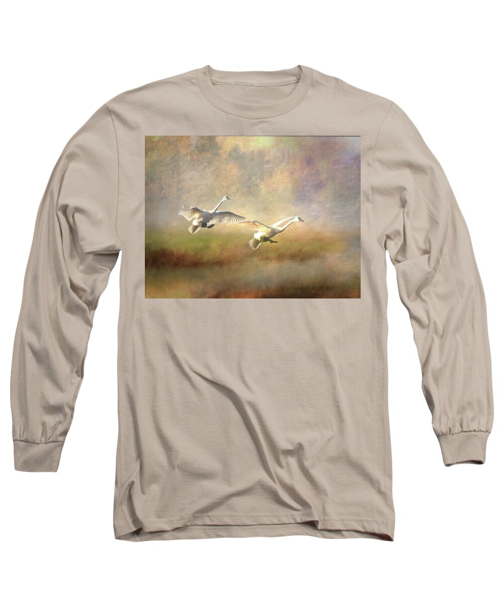 Swans Long Sleeve T-Shirt featuring the photograph Trumpeter Swan Landing - painterly by Patti Deters