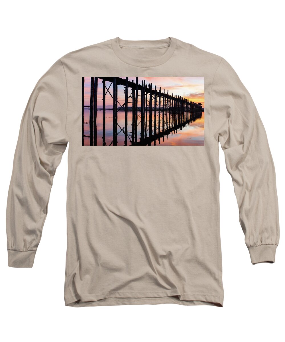 Bridge Long Sleeve T-Shirt featuring the photograph U Bein bridge at sunrise by Ann Moore