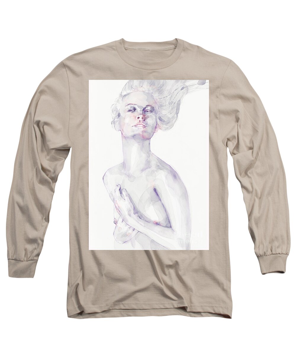 Watercolor Long Sleeve T-Shirt featuring the painting Watercolour portrait of a beautiful girl by Dimitar Hristov