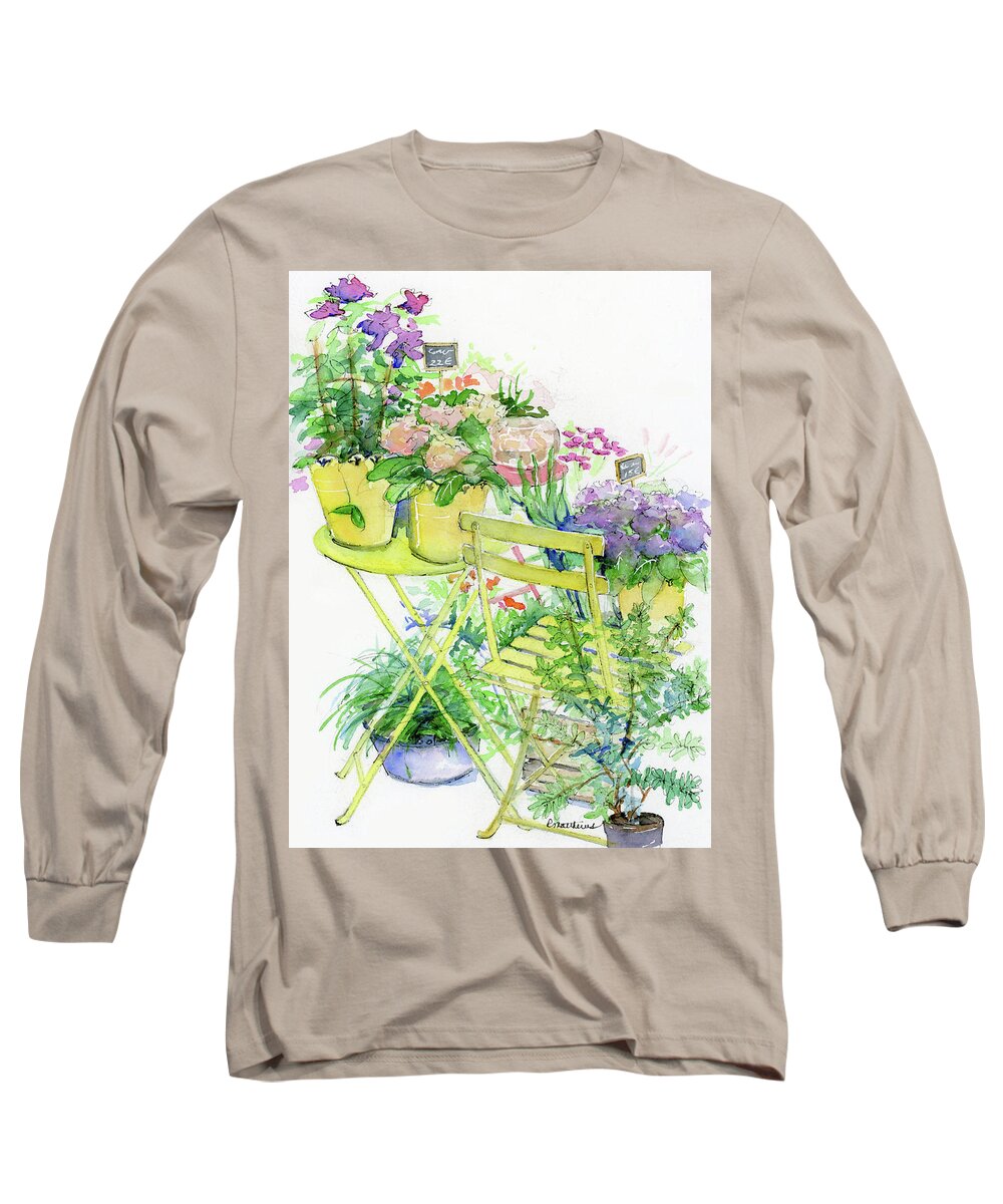 Parisian Flowers Long Sleeve T-Shirt featuring the painting Yellow pots, chair and table top by Rebecca Matthews