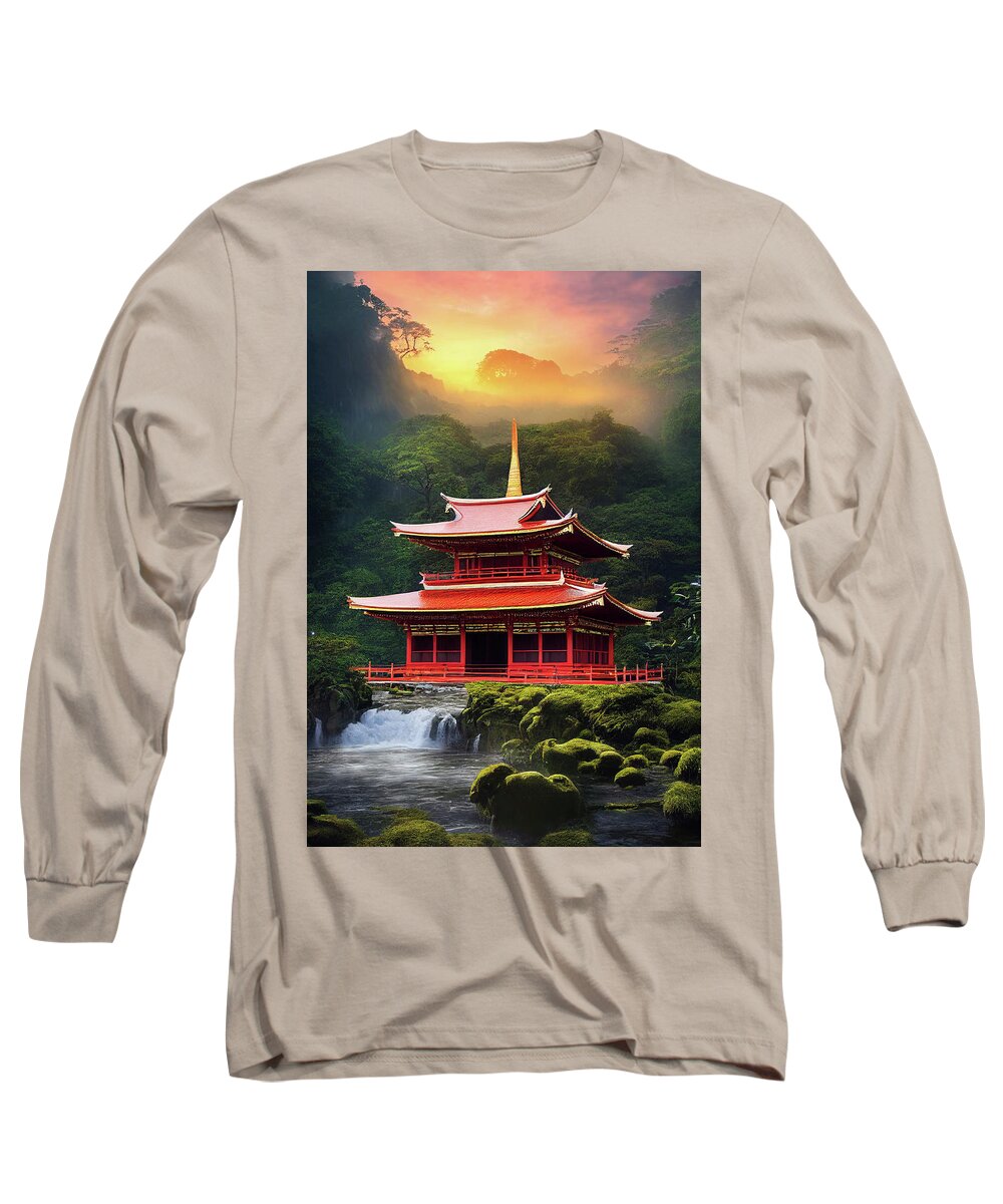 Landscape Long Sleeve T-Shirt featuring the digital art Buddhist Temple #1 by Billy Bateman