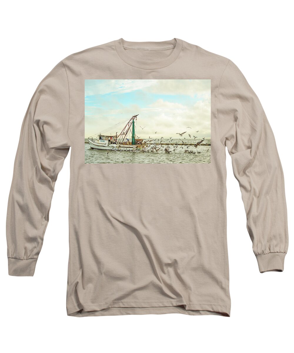Shrimp Boat Birds Pelican Laughing Gull Coast Coastal Shrimping Net Water Rockport Texas Fulton Clouds Bay Gulf Mexico Marina Harbor Long Sleeve T-Shirt featuring the photograph Rainbow Returns by Christopher Rice
