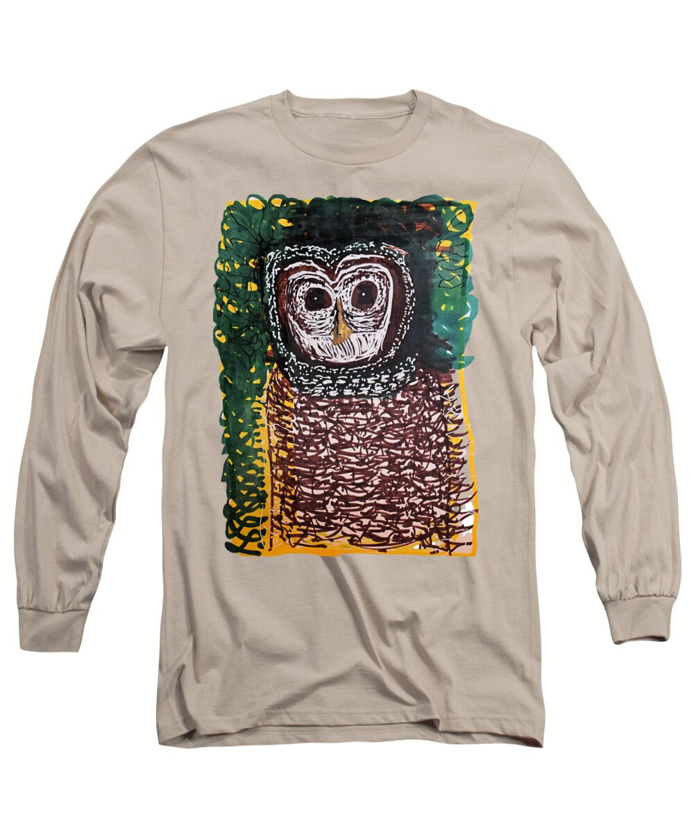 Colorado Long Sleeve T-Shirt featuring the drawing Wood Owl #1 by Pam O'Mara