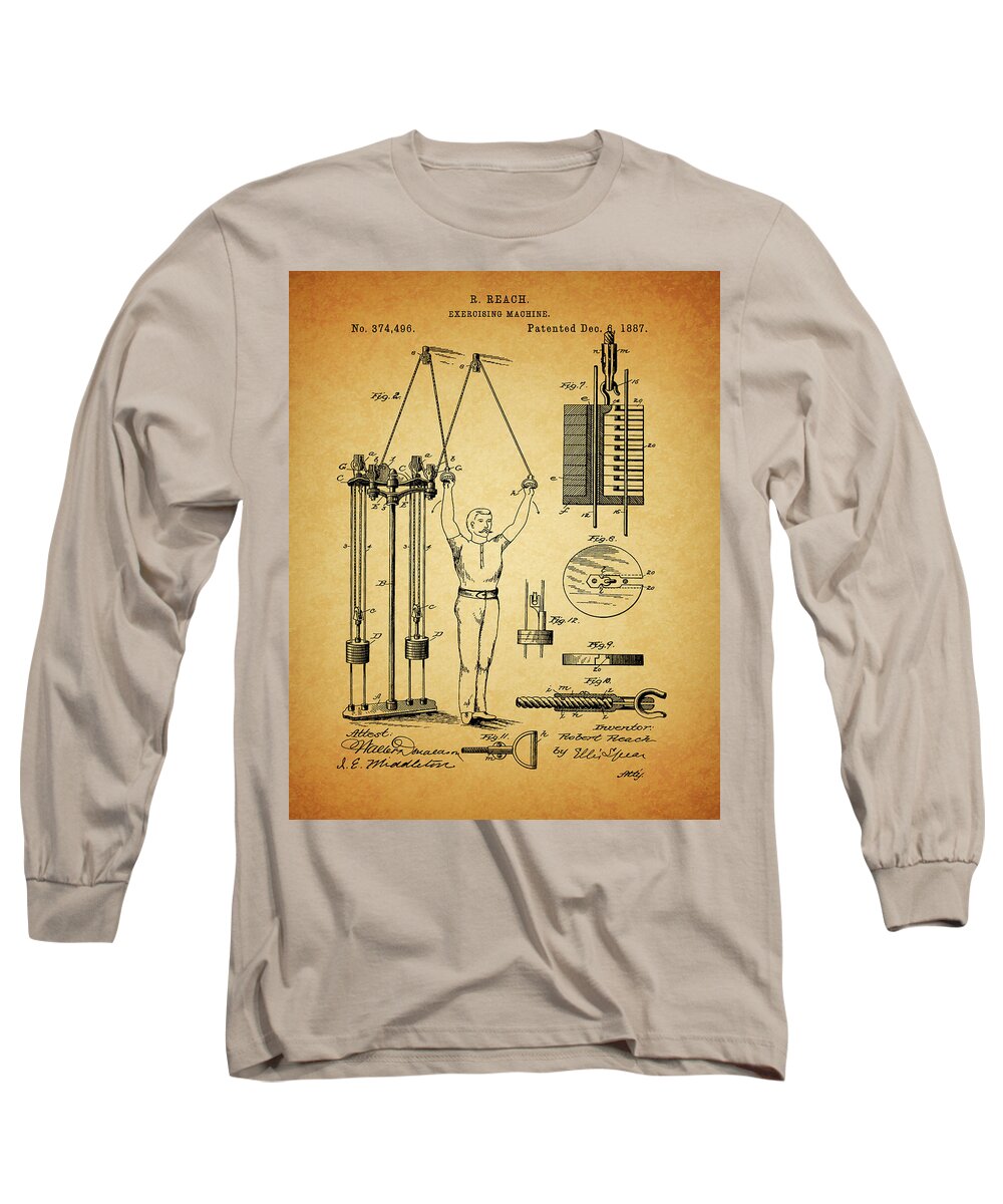 1887 Exercising Machine Patent Long Sleeve T-Shirt featuring the drawing 1887 Exercising Machine Patent by Dan Sproul