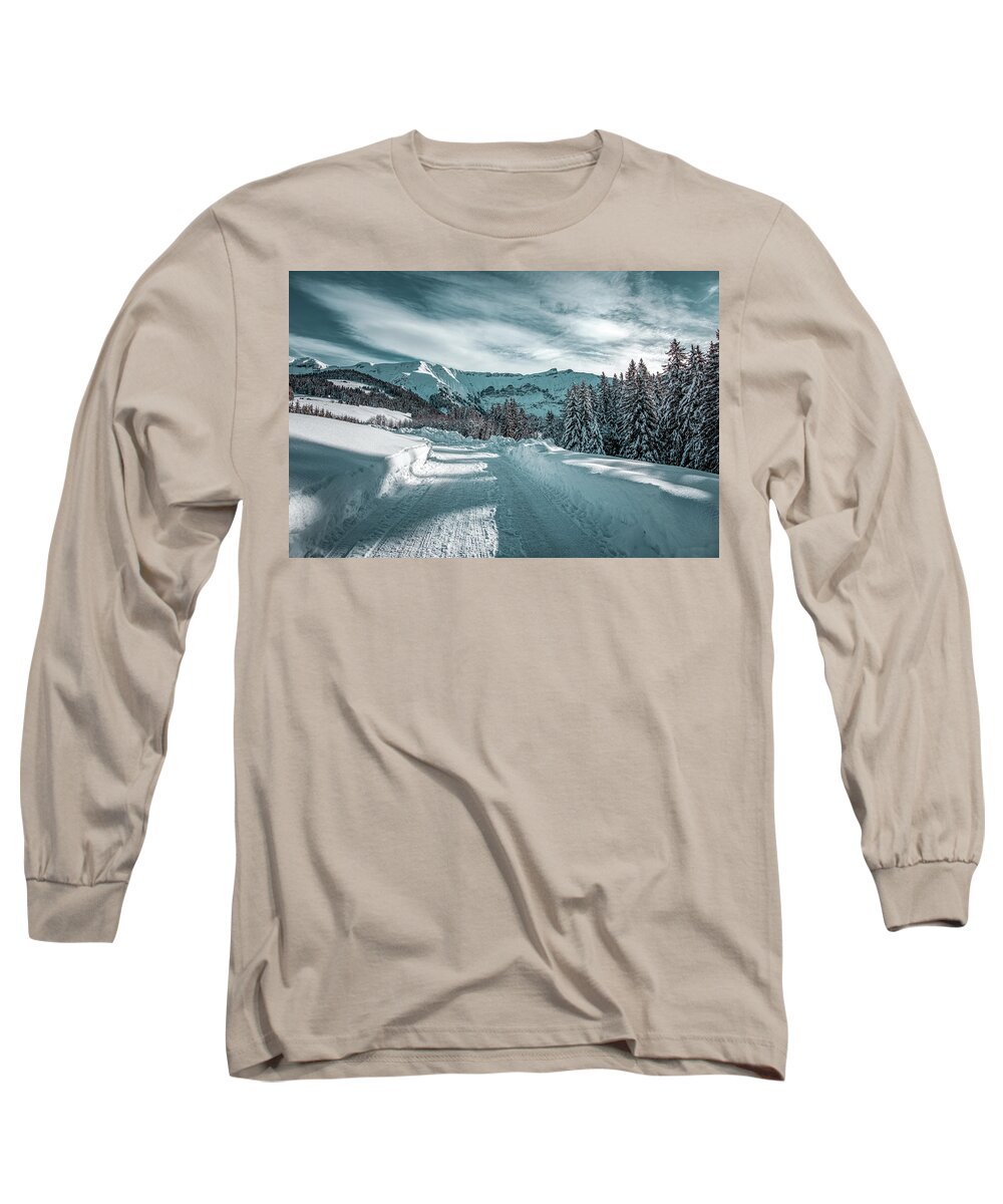 Geneva Long Sleeve T-Shirt featuring the photograph Snowy road in the French Alps #2 by Benoit Bruchez