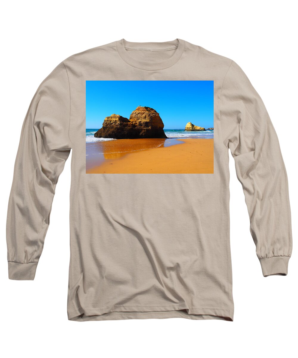 Praia dos Tres Castelos beach in Portimao, Algarve, Portugal Long Sleeve T- Shirt by Colorful Points - Pixels