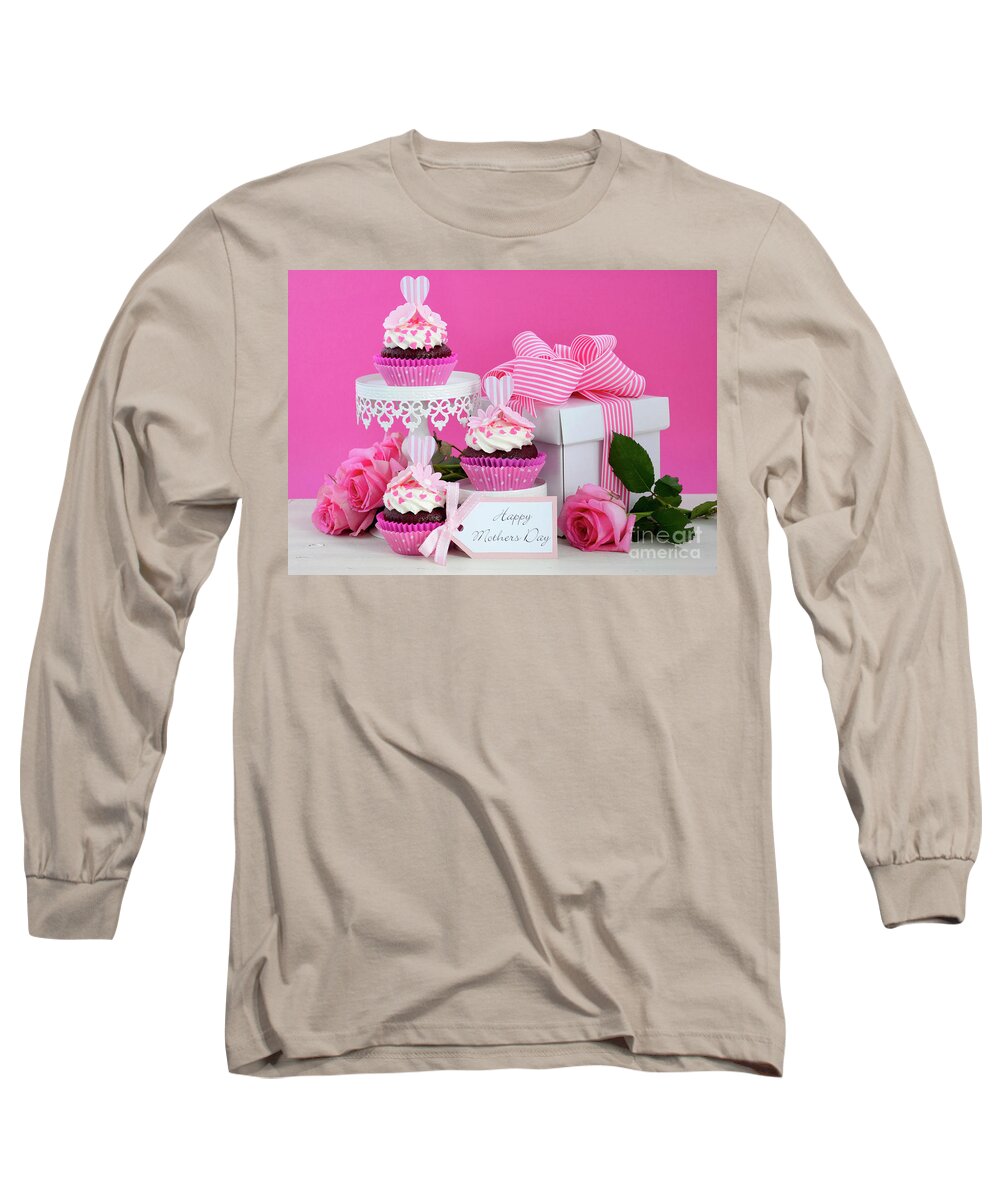 Background Long Sleeve T-Shirt featuring the photograph Happy Mothers Day pink and white cupcakes. #5 by Milleflore Images