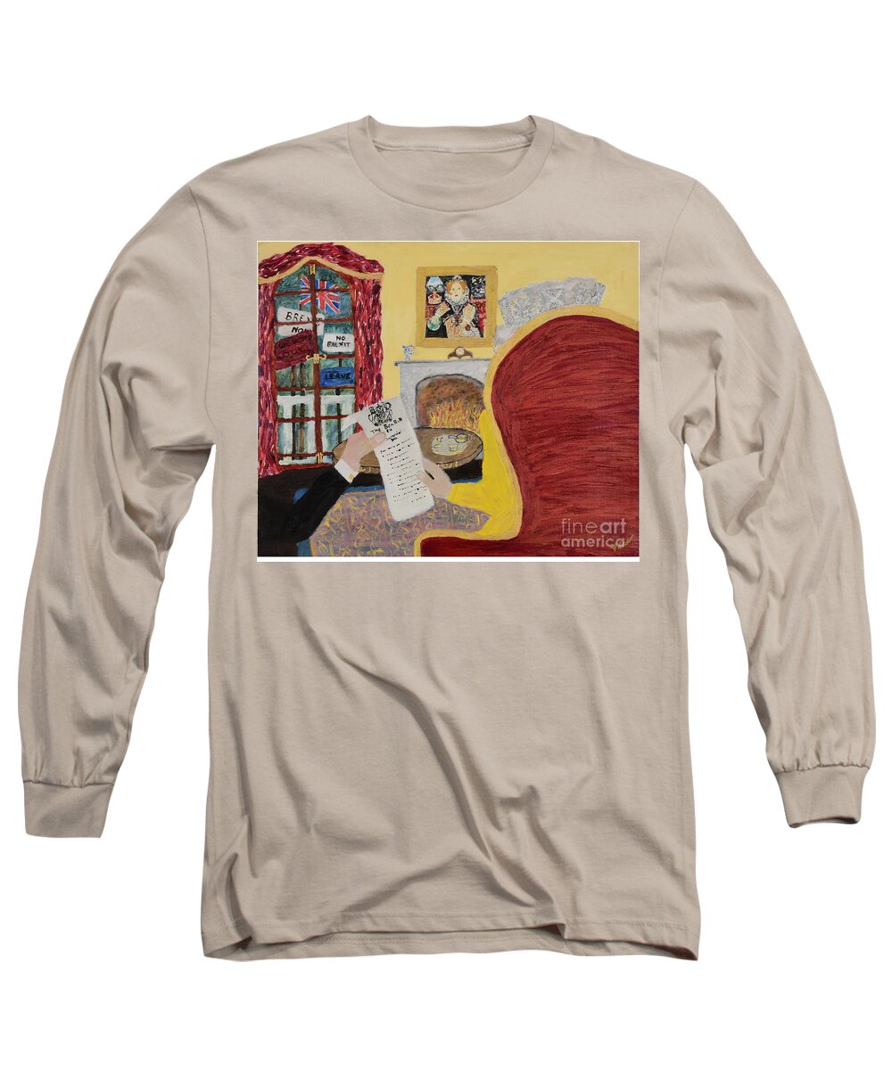 Queen Elizabeth Long Sleeve T-Shirt featuring the painting A Royal Dilemma by David Westwood