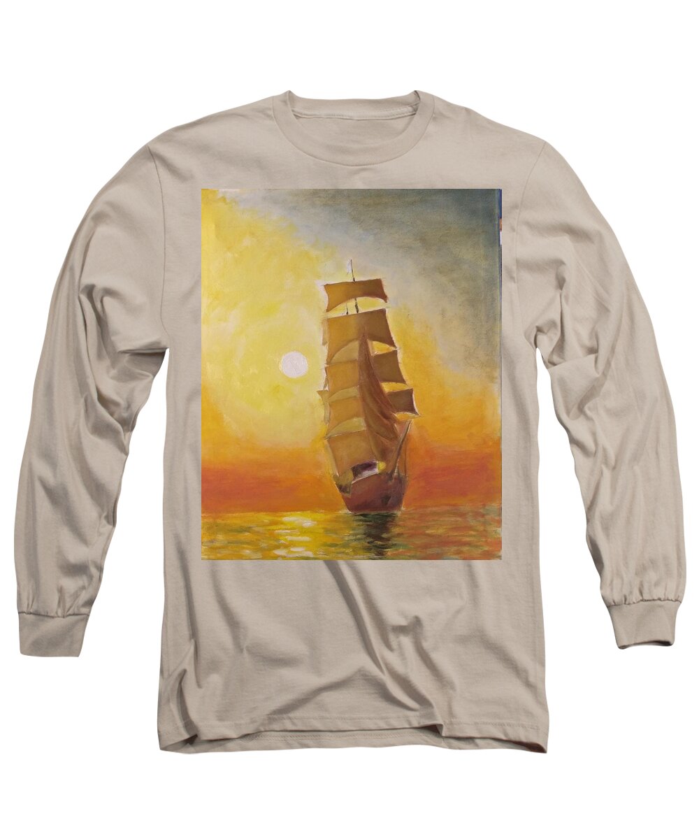 Evening Long Sleeve T-Shirt featuring the painting Adventure at Sunset by Nicolas Bouteneff