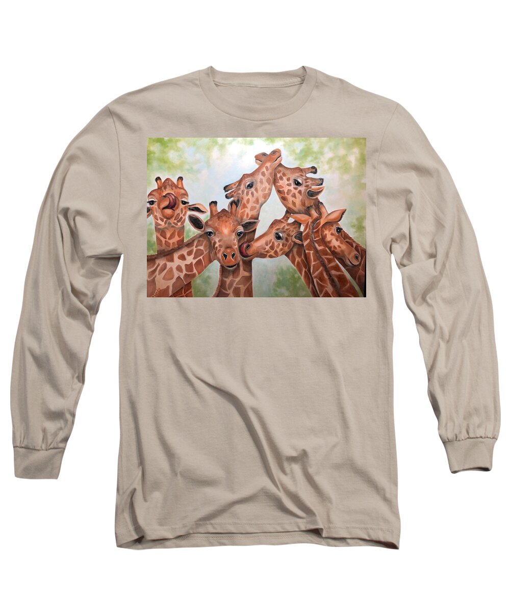 Giraffes Long Sleeve T-Shirt featuring the painting All in the Family by Barbara Landry