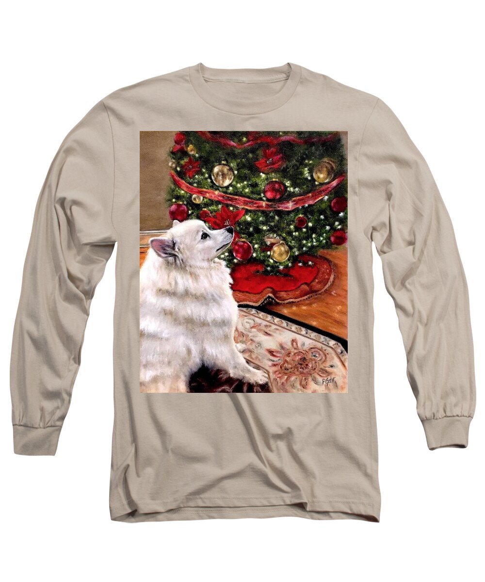 American Eskimo Dog Long Sleeve T-Shirt featuring the painting An Eskie Christmas by Dr Pat Gehr