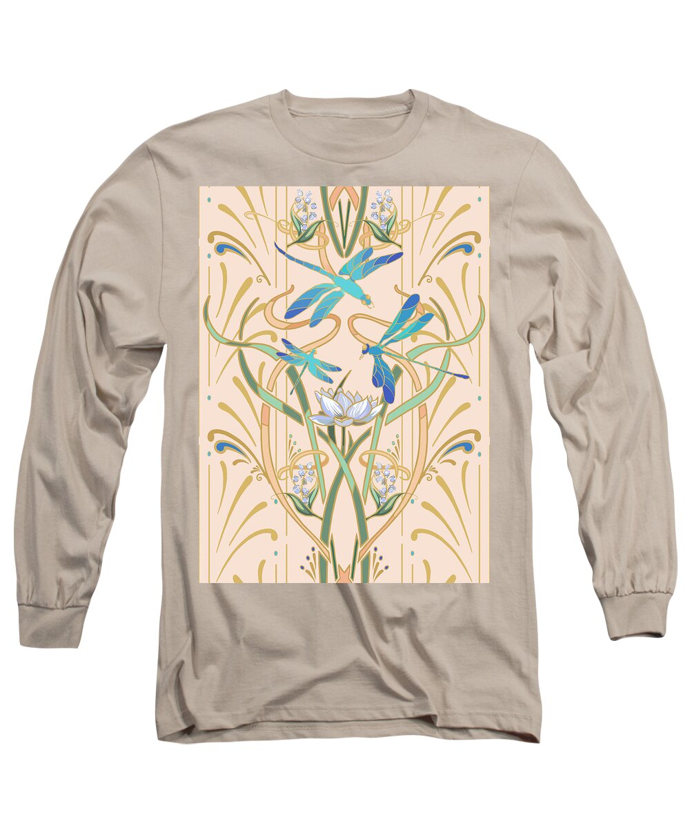 Art Nouveau Long Sleeve T-Shirt featuring the drawing Art Nouveau Dragonfly Pattern - Peach Blush by L Diane Johnson