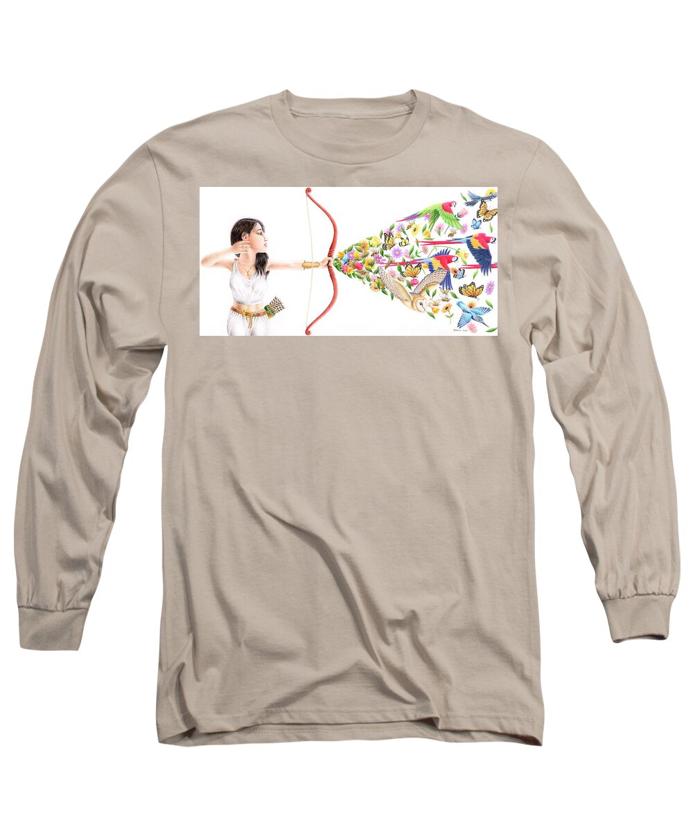 Artemis Long Sleeve T-Shirt featuring the drawing Artemis by Mike Farrell