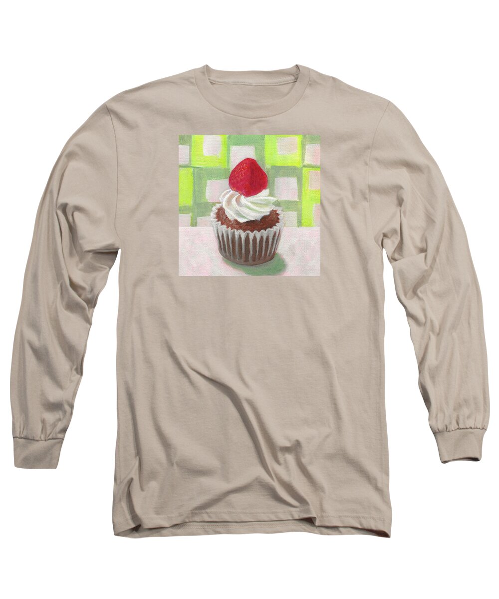 Strawberry Cupcake Long Sleeve T-Shirt featuring the painting Cupcake with Strawberry by Kazumi Whitemoon