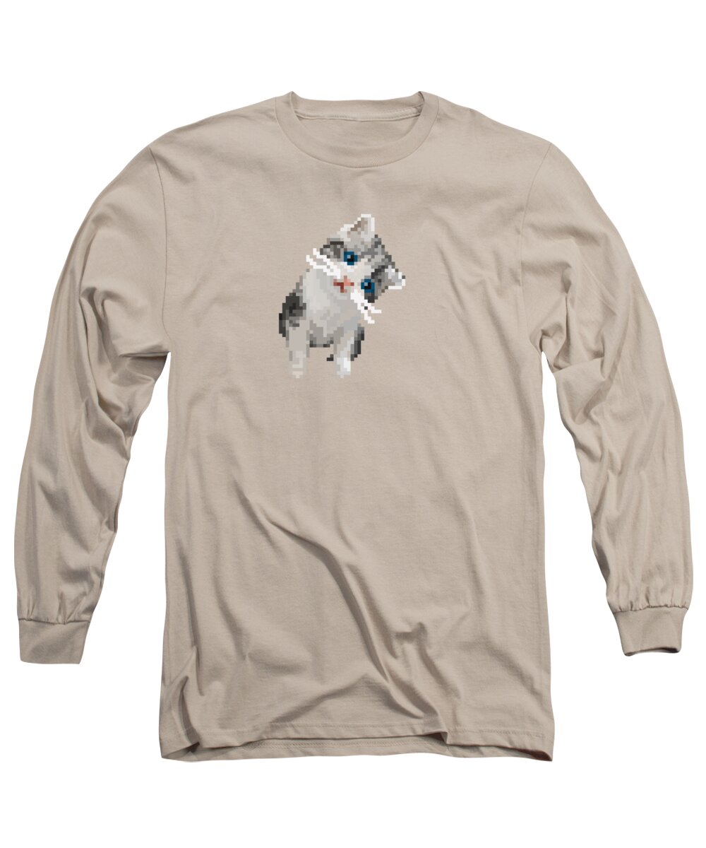 Pixel Art Long Sleeve T-Shirt featuring the digital art #16 A Curiously Smol Cat #16 by Mitch Boyce