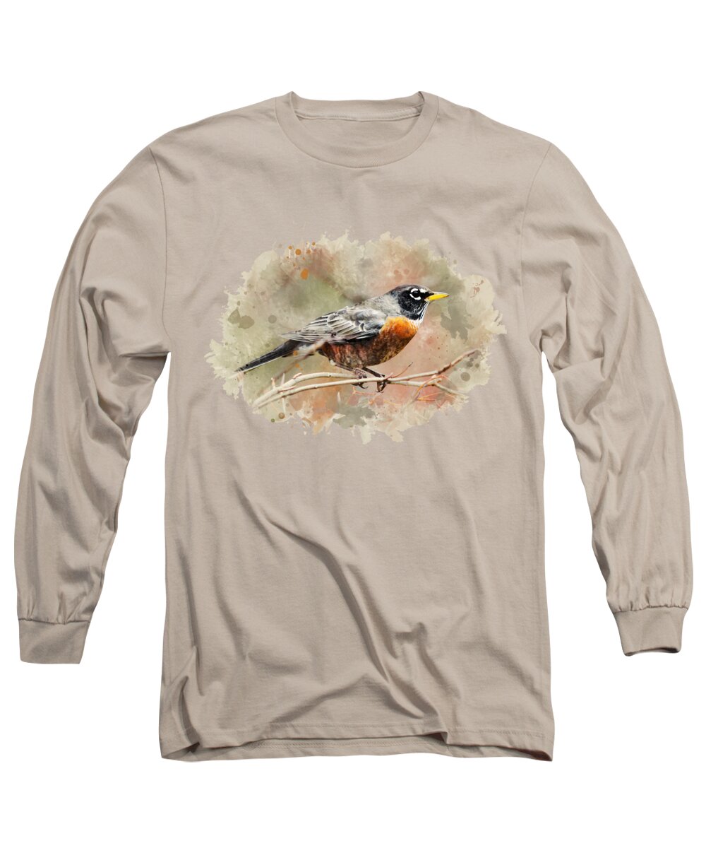 American Robin Long Sleeve T-Shirt featuring the mixed media American Robin - Watercolor Art by Christina Rollo