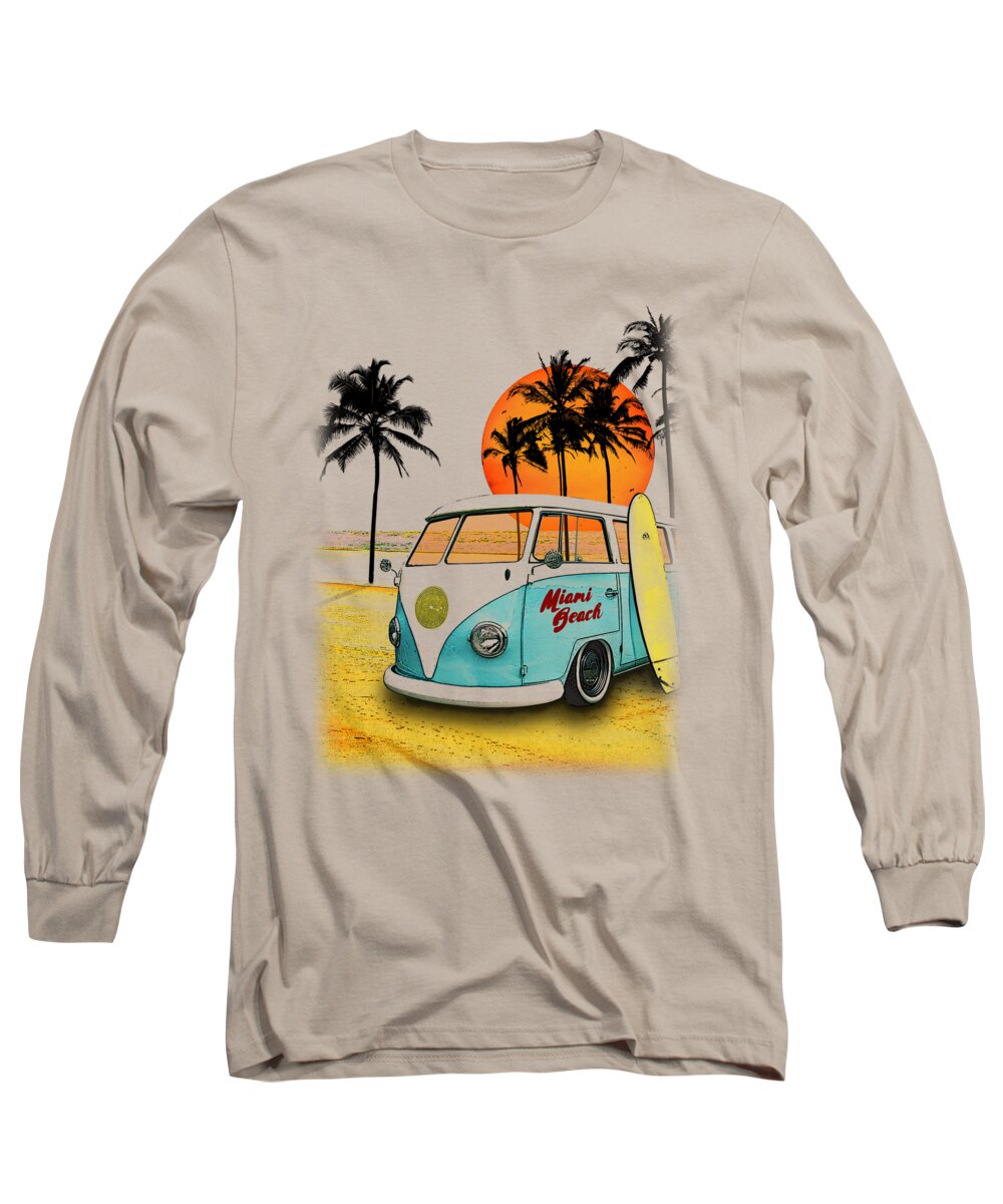 Beach Long Sleeve T-Shirt featuring the digital art Beach with surfer bus by Madame Memento