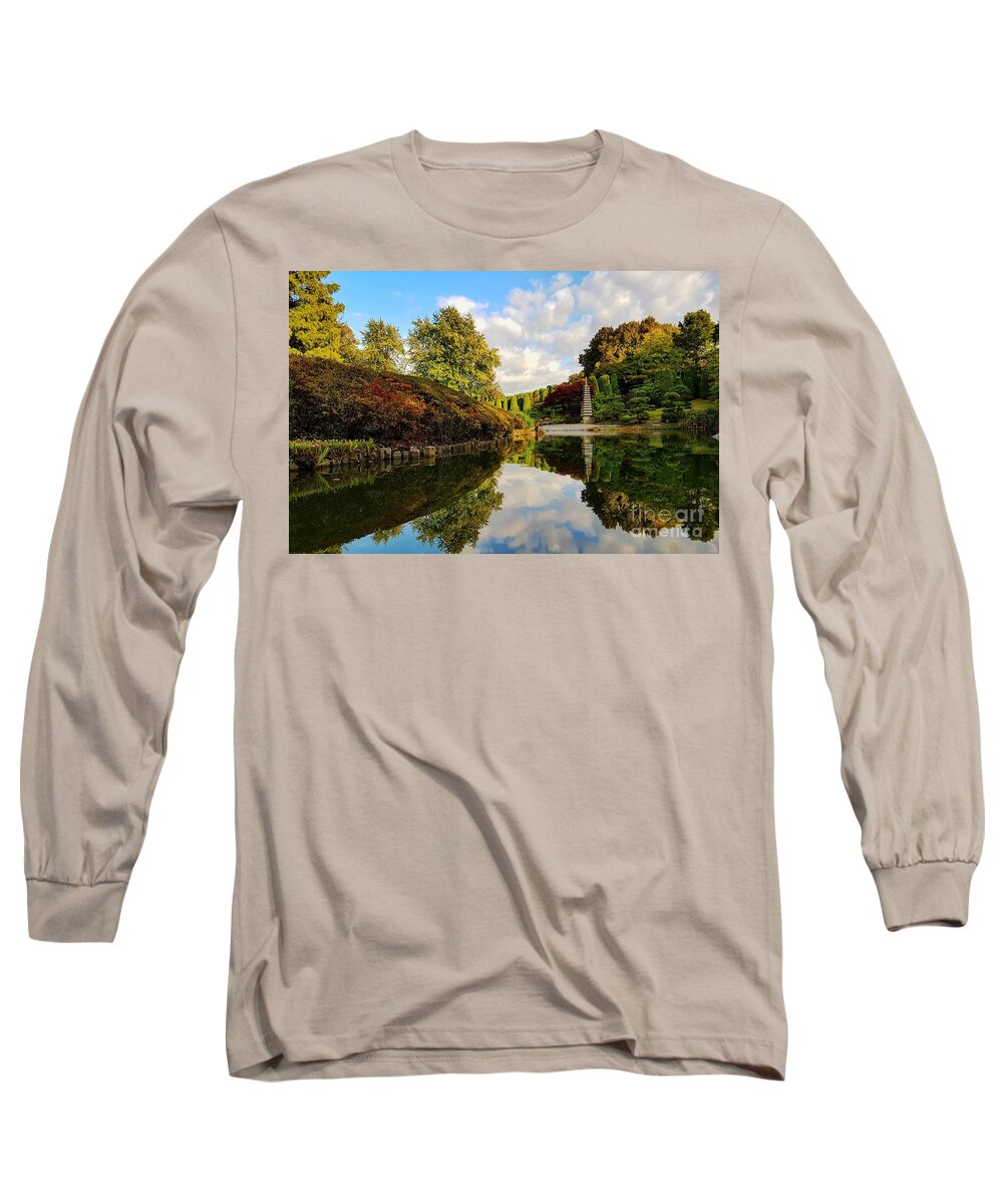 Garden Long Sleeve T-Shirt featuring the pyrography Beautiful image reflection in a Japanese garden in Bonn, Germany by Mendelex Photography