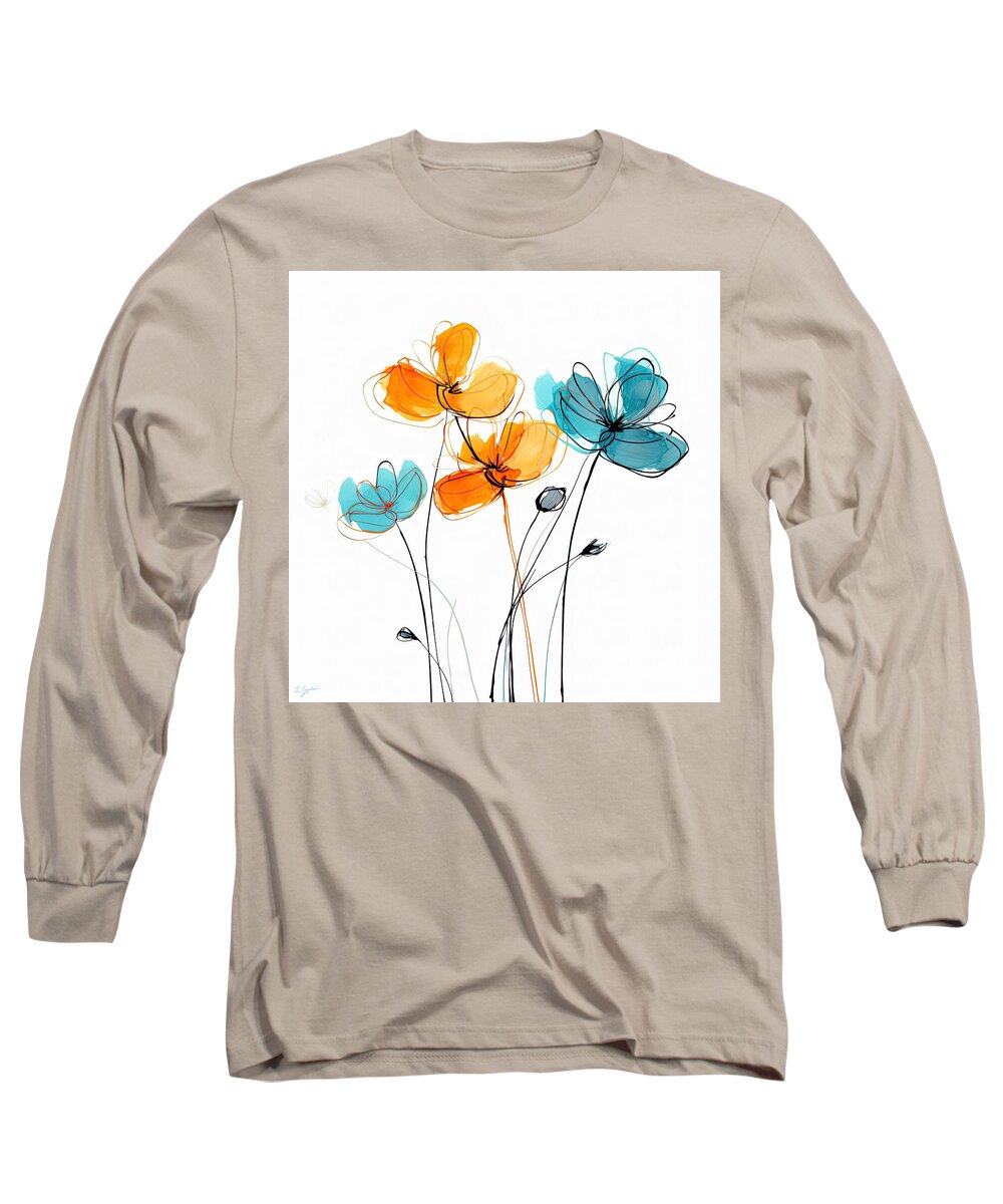 Turquoise And Orange Long Sleeve T-Shirt featuring the painting Birth of Colors - Turquoise Orange and Yellow Art by Lourry Legarde