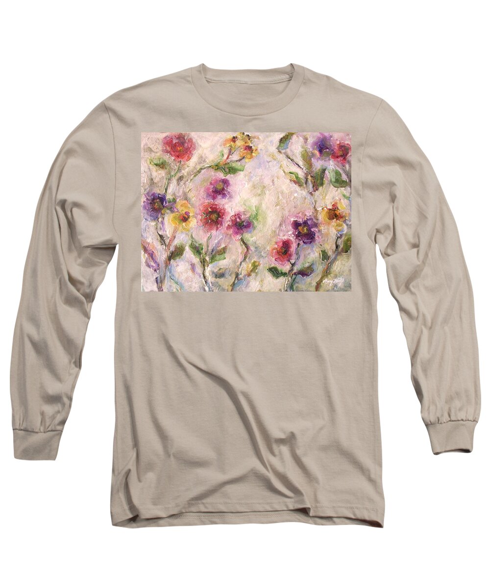 Impressionist Floral Art Long Sleeve T-Shirt featuring the painting Bloom by Mary Wolf