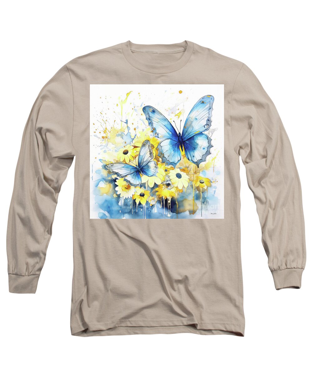 Butterfly Long Sleeve T-Shirt featuring the painting Blue Butterfly Bliss by Tina LeCour