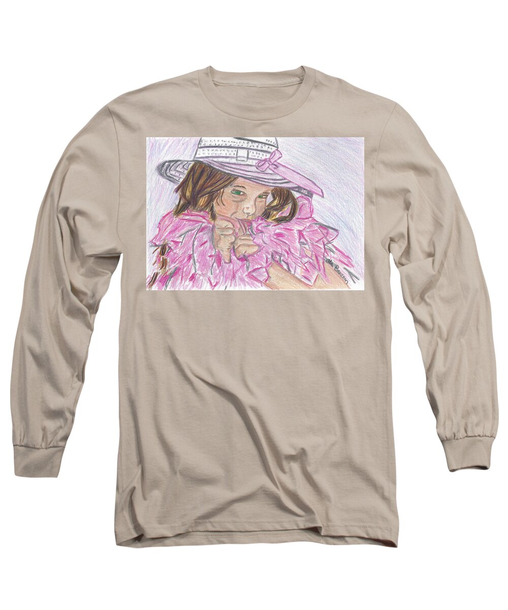 Boa Long Sleeve T-Shirt featuring the drawing Boa Baby Colored Pencil Drawing of a Young Girl wearing a White Hat and Pink Feathery Boa by Ali Baucom