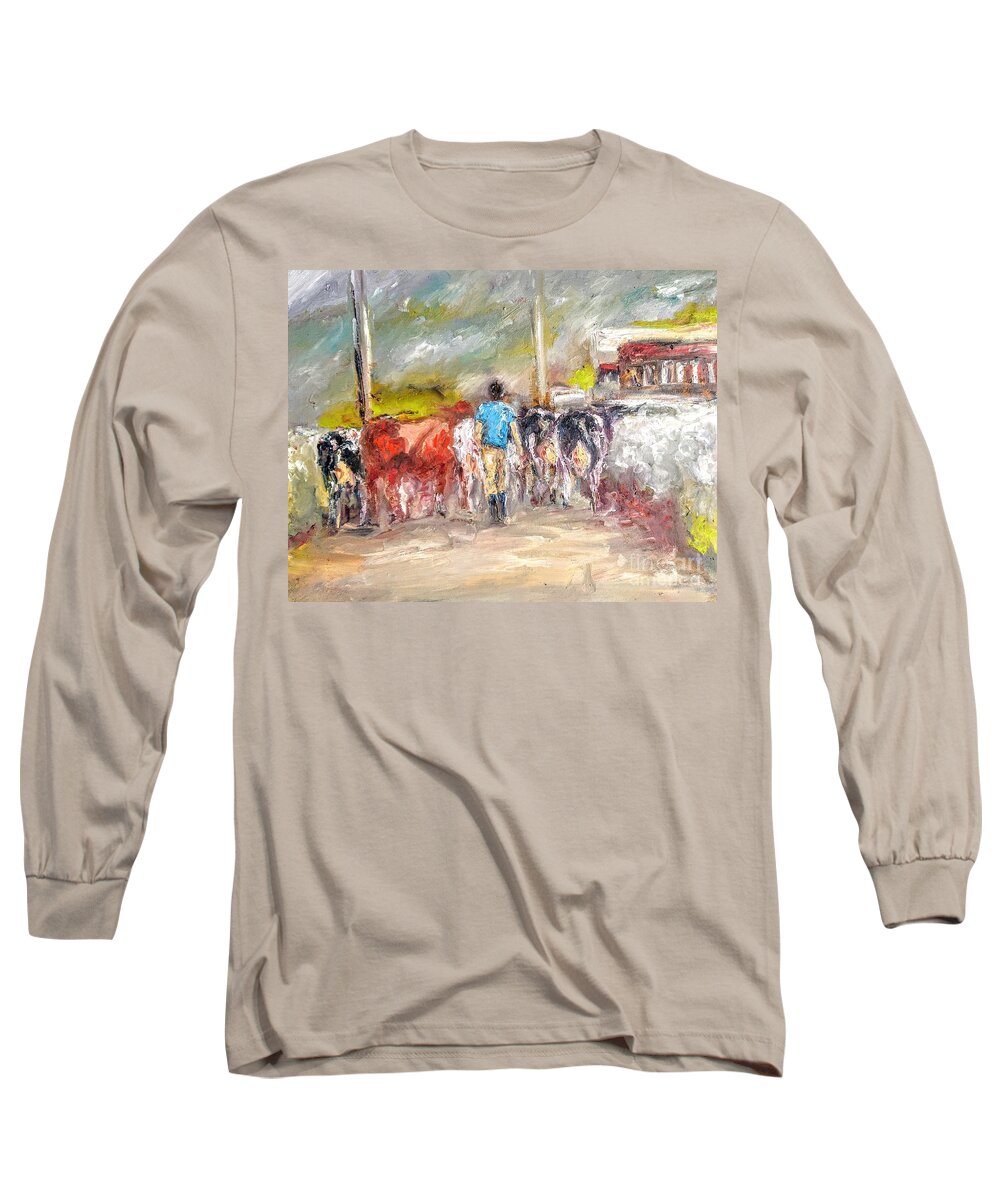 Cows Long Sleeve T-Shirt featuring the painting Painting bringing the cows home by Mary Cahalan Lee - aka PIXI