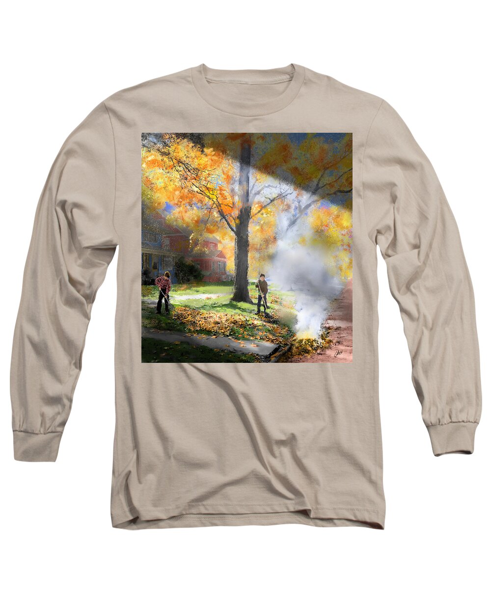 Autumn Long Sleeve T-Shirt featuring the digital art Burning The Leaves - 1950s by Glenn Galen
