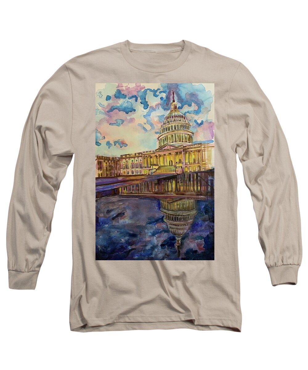 Architecture Long Sleeve T-Shirt featuring the painting Capitol Building by Try Cheatham