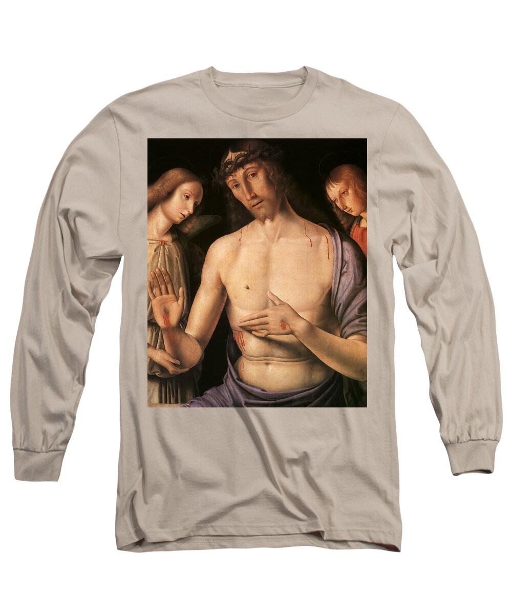 Christ Long Sleeve T-Shirt featuring the painting Christ supported by two angels by Giovanni Santi