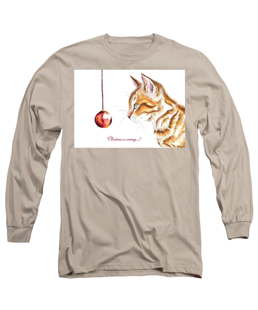 Cats Long Sleeve T-Shirt featuring the painting Tabby Cat and Bauble - Christmas IS Coming 1 by Debra Hall