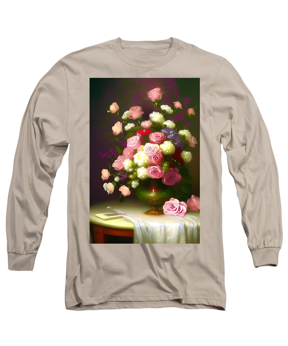 Bouquet Long Sleeve T-Shirt featuring the digital art Classic Roses in Vase by Katrina Gunn