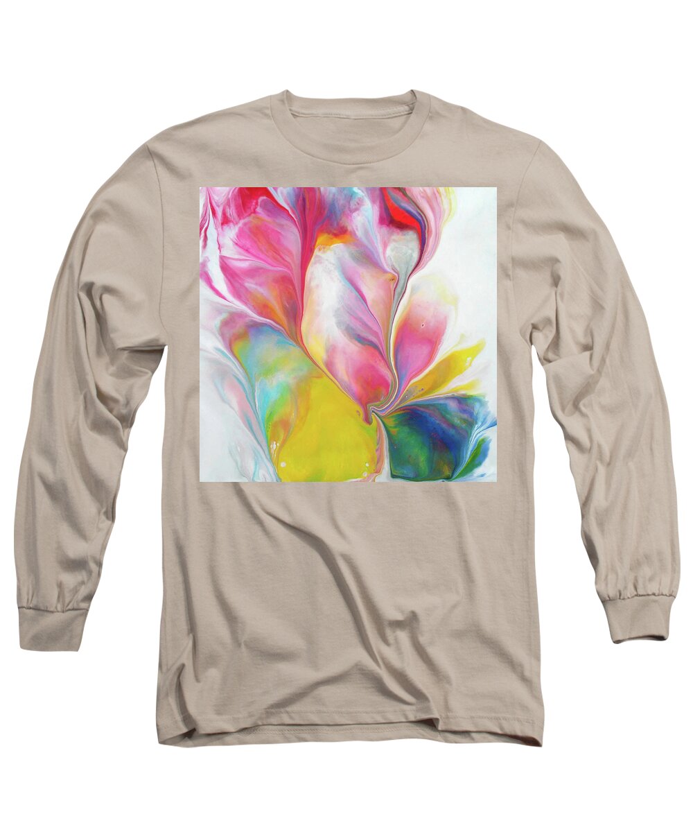 Rainbow Colors Abstract Nature Free Flow Acrylic Long Sleeve T-Shirt featuring the painting Close Up by Deborah Erlandson
