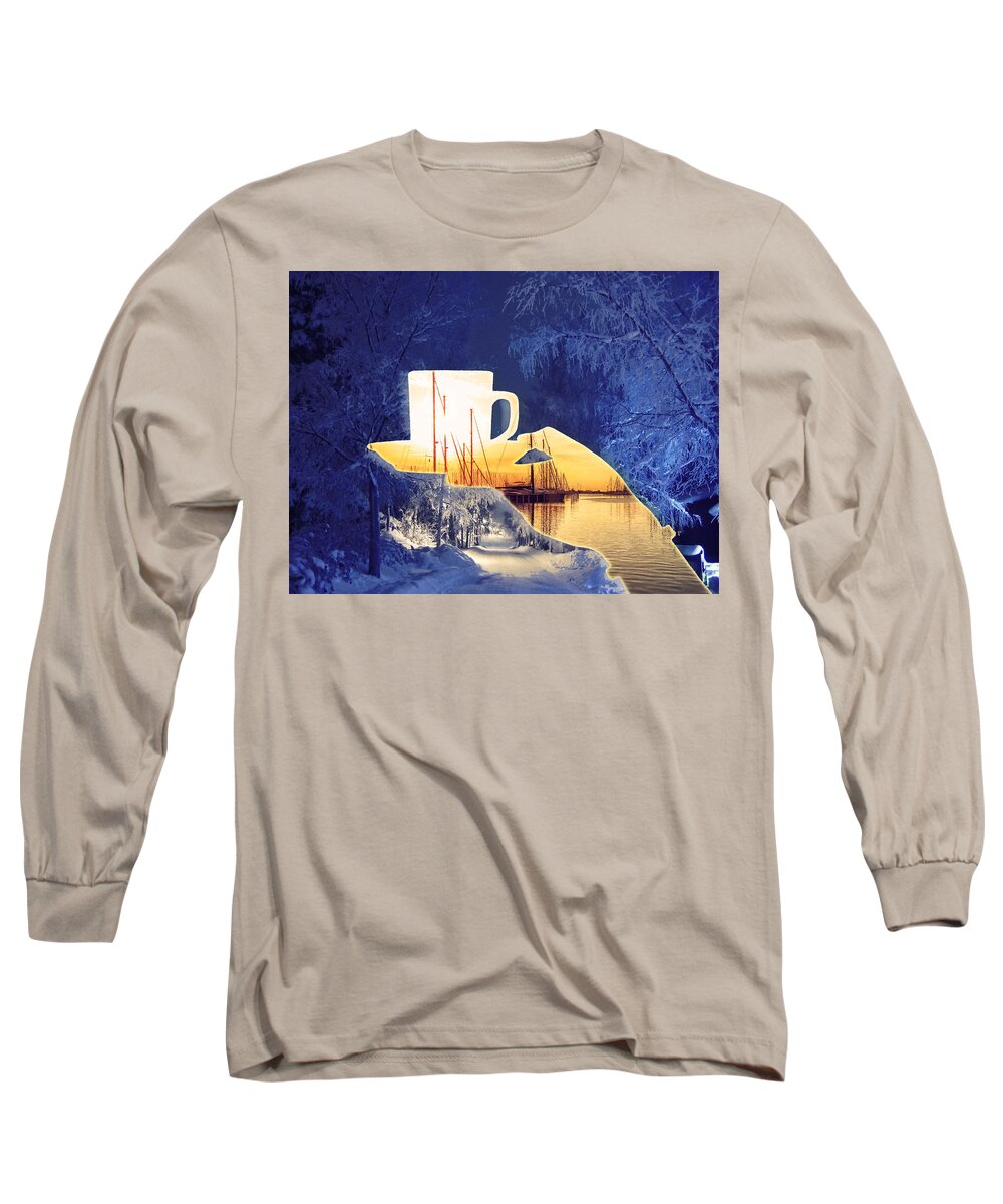 Winter Long Sleeve T-Shirt featuring the digital art Cup of tea in the winter evening by Alex Mir