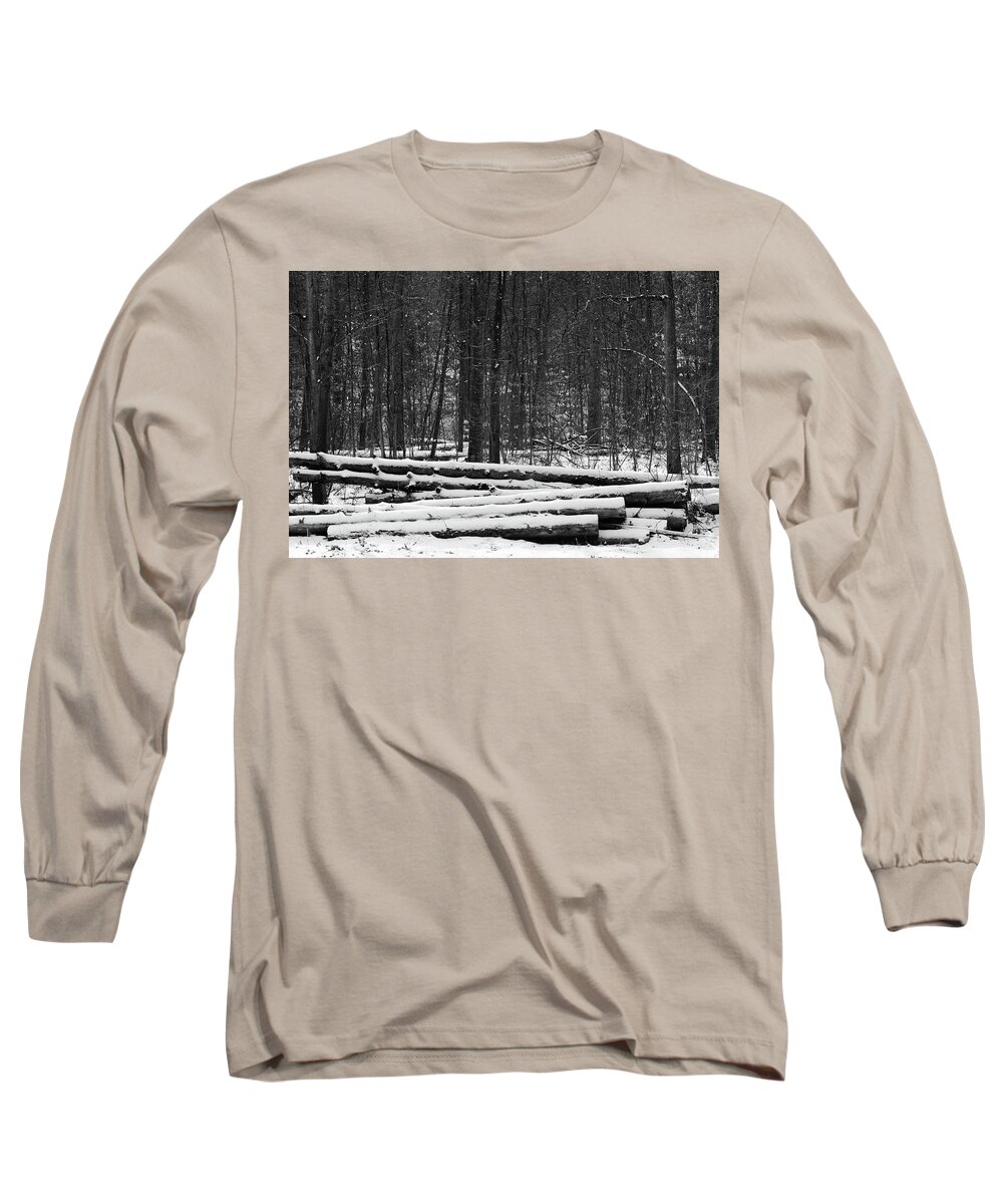 Black And White Long Sleeve T-Shirt featuring the photograph Cut logs in Simcoe County Forest by James Canning